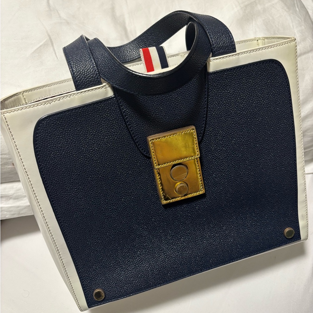 Thom Browne Navy and White Tote Bag